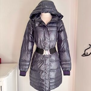 Ea7 Emporio Armani Sporty Women’s Hooded Down Puffer Coat, Belted Waist, Blue, M